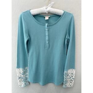 SUNDANCE | Blue Waffle Knit Thermal Top Lace Cuff Henley Boho Cottagecore | XS